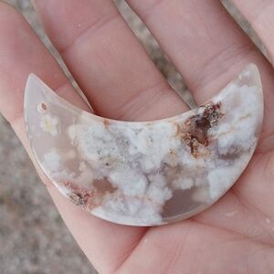 New White Cherry Blossoms Carved Crescent Moon Pendant. 